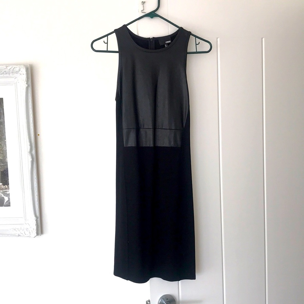Wilfred Free black mini dress with vegan leather top.